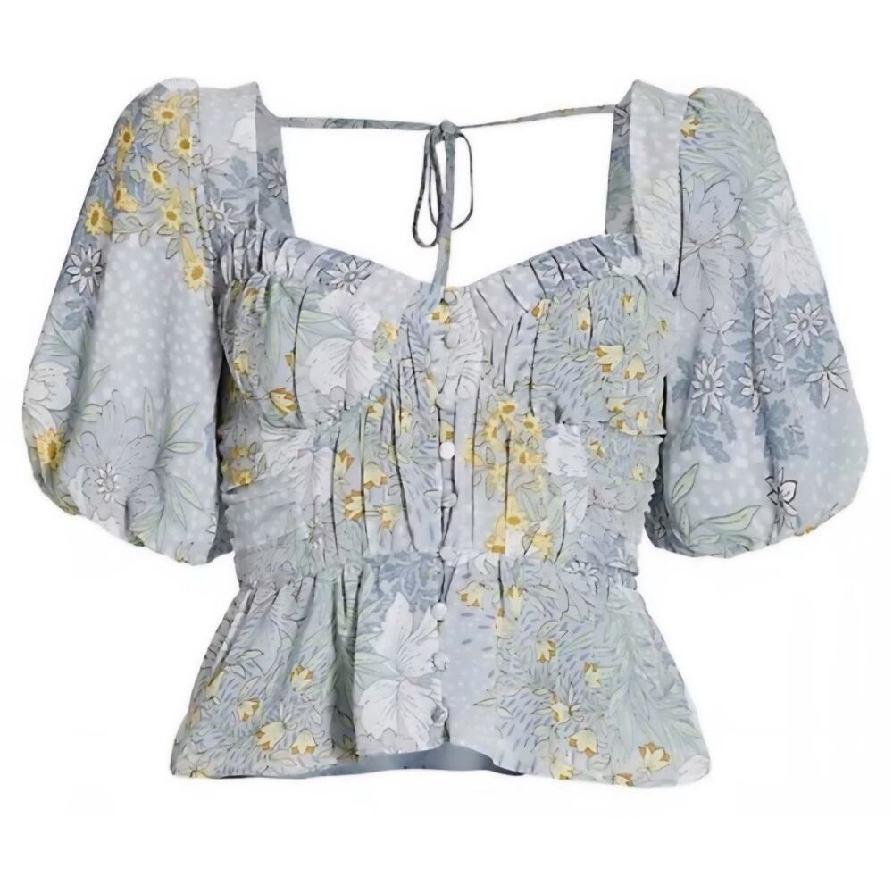 Astr Floral Puff Sleeve Blouse - Blue and Yellow
